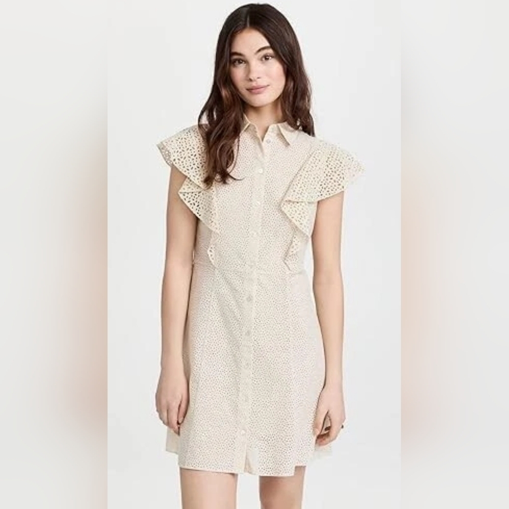 THEORY Nova Eyelet Ruffle Sleeve Mini Shirt Dress